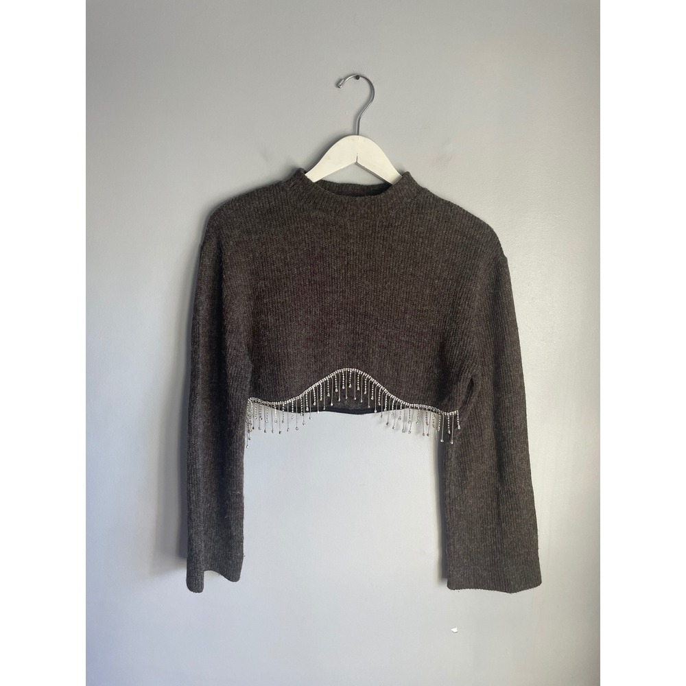 Zara Brown Cropped Knit Sweater Rhinestone Fringe Mock Neck Long Sleeve Medium